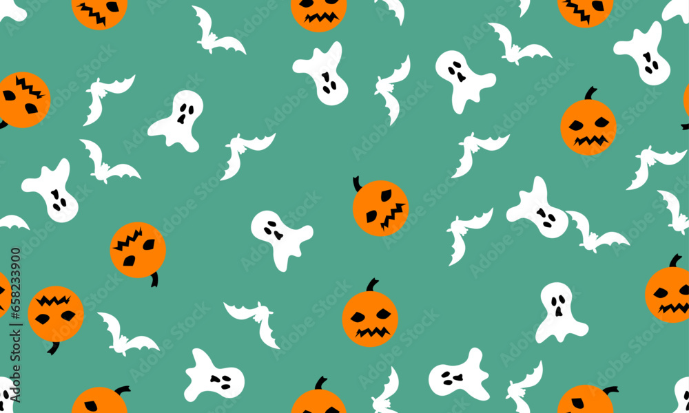 green color seamless halloween pumpkin,spider,bat and ghost pattern background