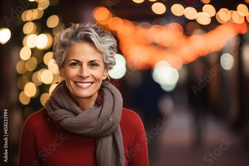 Portrait of a beautiful middle-aged woman wearing a red sweater, scarf and mittens over Christmas lights background.