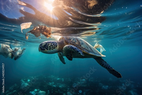 Problem of environmental pollution. Turtle and garbage in the water, plastic bags, bottles, waste. View from under water. The global environmental problem of ocean and sea pollution