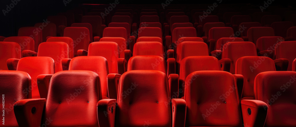 Fototapeta premium Empty cinema hall with red seats. Movie theatre