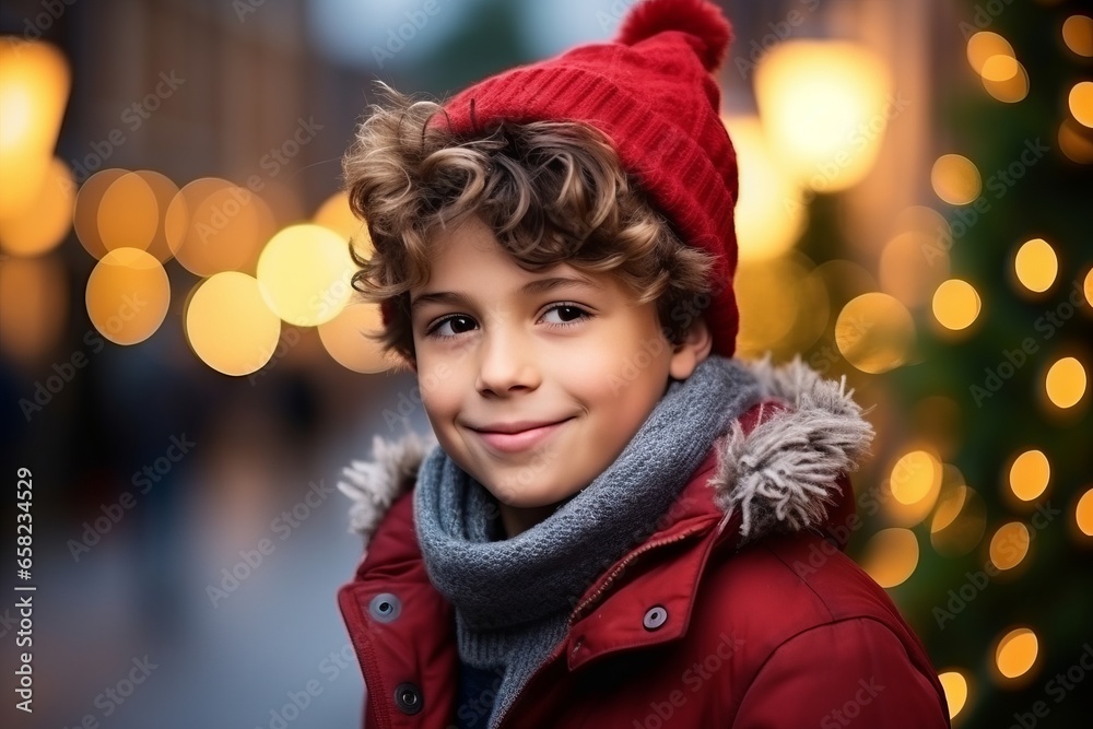 portrait of a cute little boy wearing a red hat and scarf