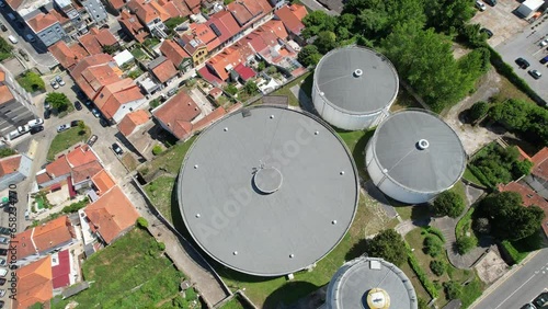 Aerial view of the large water tanque in the city, the water reservoir in Porto town. Portugal 