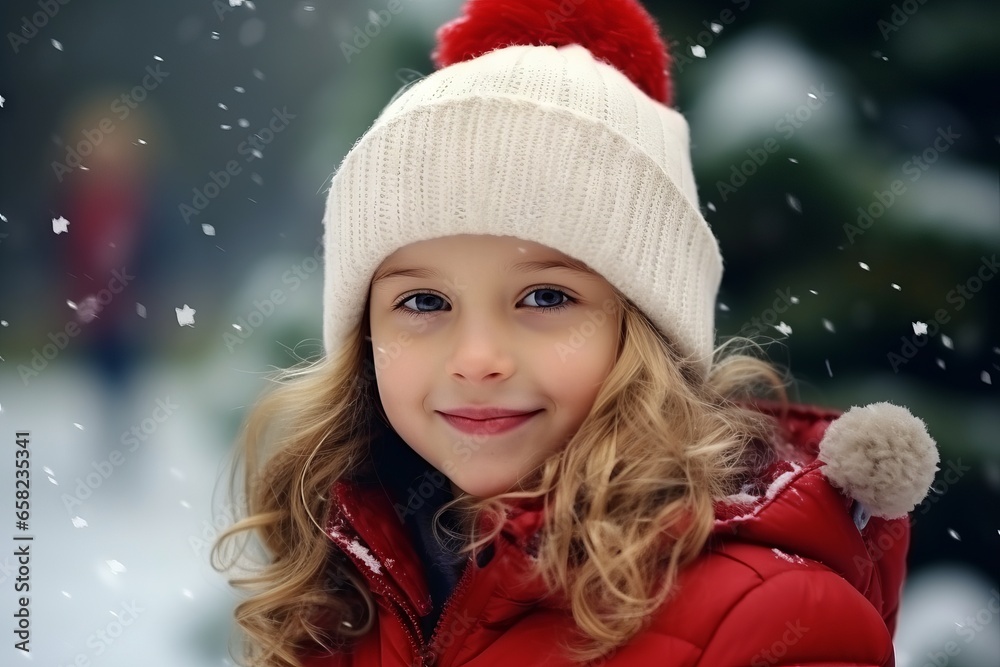 Portrait of a cute little girl in a winter hat and red jacket. Portrait of a cute little girl in a winter hat and red jacket.