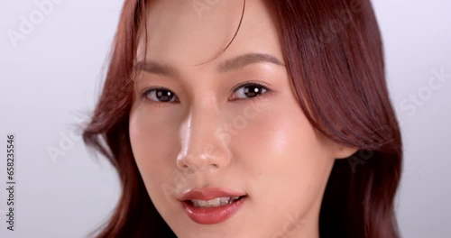 Beautiful young asian woman with clean fresh skin on white background, Face care, Facial treatment, Cosmetology, beauty and spa, Asian women portrait.