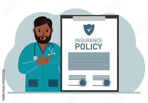 Male doctor next to the insurance policy.