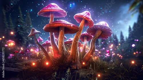 Magic Mushrooms In a Forest, Generative AI Illustration © Yana Art and Design