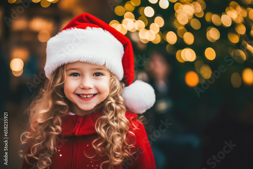 smiling child in santa outfit and santa hat with christmas background