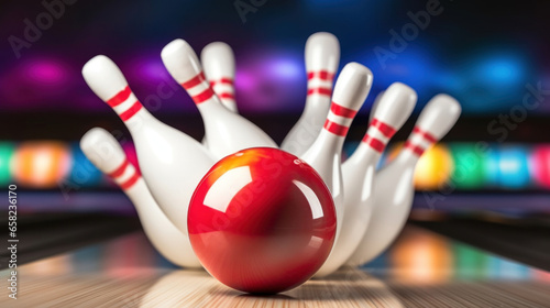 Red bowling ball breaks pins on a multicolored background photo