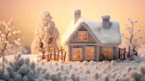 A small toy crocheted house in a winter forest photo