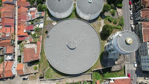 Aerial view of the large water tanque in the city, the water reservoir in Porto town. Portugal 