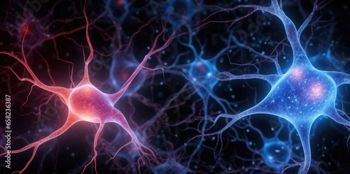 Neural connections in the human body, inflammation. Nerve connections in the brain, blood vessels. Panorama