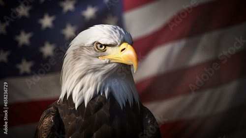 A majestic image of a bald eagle with the American flag in the background