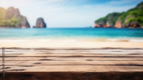 Empty wooden table top with blur background of the beach