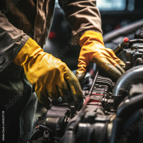 auto car mechanic shop, vehicle repairing service garage, close up of man engineer technician hands in gloves fixing battery of electric vehicle