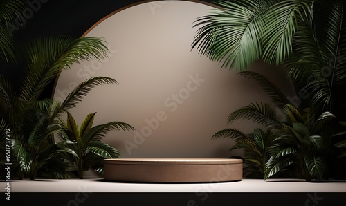 round podium with palm trees and beautiful lighting. Generative Ai