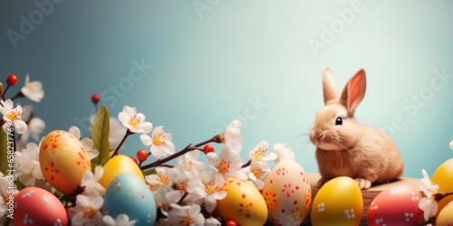 Multi-colored Easter eggs and cute bunny toy in a nest.