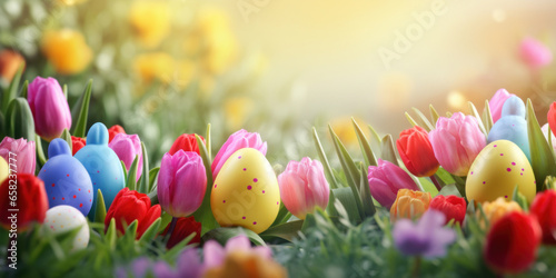 Happy Easter background with tulips and decorative eggs