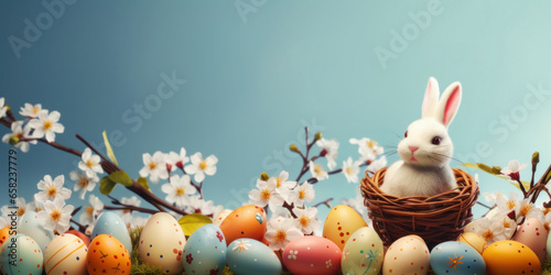 Multi-colored Easter eggs and cute bunny toy in a nest.