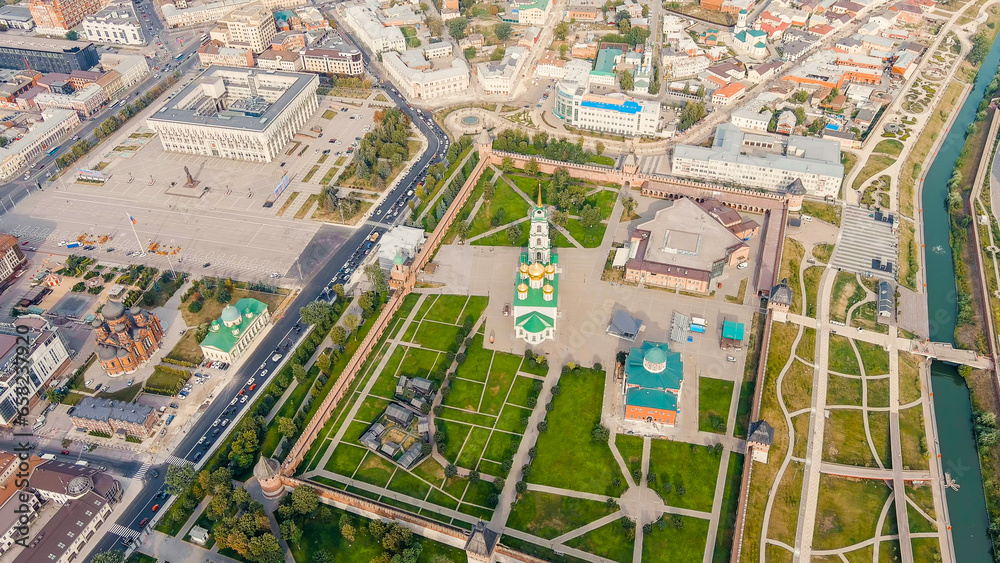 Tula, Russia. Tula Kremlin, Kazanskaya embankment. General panorama of the city from the air, Aerial View