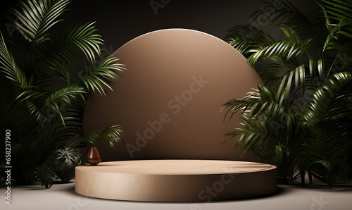 round podium with palm trees and beautiful lighting. Generative Ai