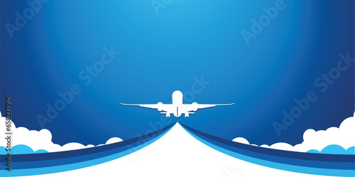White plane in the blue sky rises flying above the clouds. Vector background template