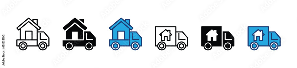 Moving house icons. Home and house with car, cargo, van, vehicle icon symbol for app and websites. Vector illustration Moving house icons. Home and house with car, cargo, van, vehicle icon symbol for app and websites. Vector illustration
