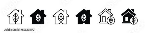 Green house icon. Eco house icons. Home, real estate, residence with leaf symbol in line and flat style on white background for apps and websites. Vector illustration
