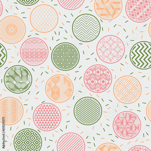 Retro wrapping paper swatch vector endless ornament. Circle shapes with fanta...
