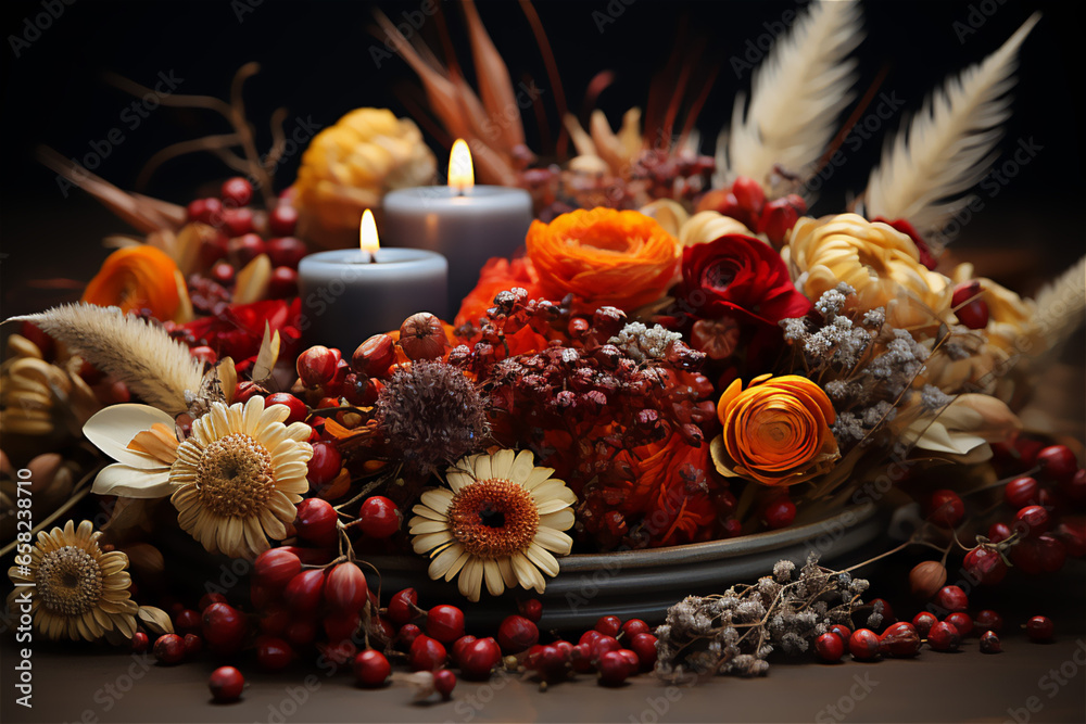 DIY Thanksgiving Decorations. A creative scene displaying handmade Thanksgiving decorations like wreaths, centerpieces, or place cards. Craft materials and finished decor items.