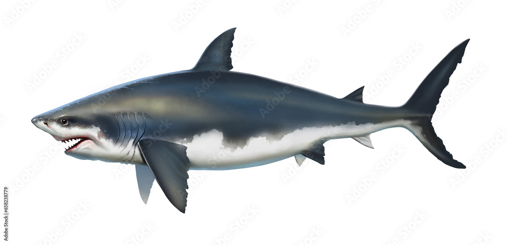 Fototapeta premium Great white shark killer side view illustration. Megalodon shark isolate realistic monster from the depths.