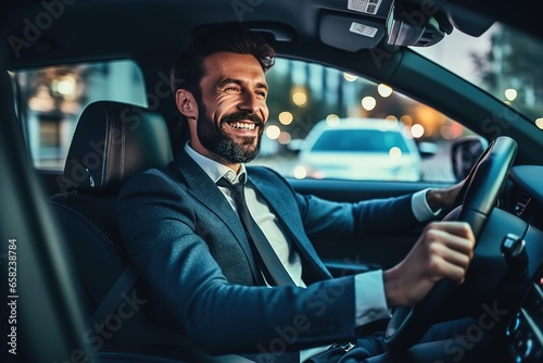 Mid adult man smiling while driving car and looking at mirror for reverse. Happy man feeling comfortable sitting on driver seat in his new car. Smiling mature businessman with seat belt on driving. photo