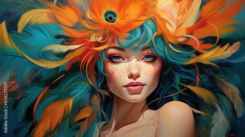Portrait of a woman with peacock feather hair in the colorful abstract woods forest background. Digital art painting graphic design.