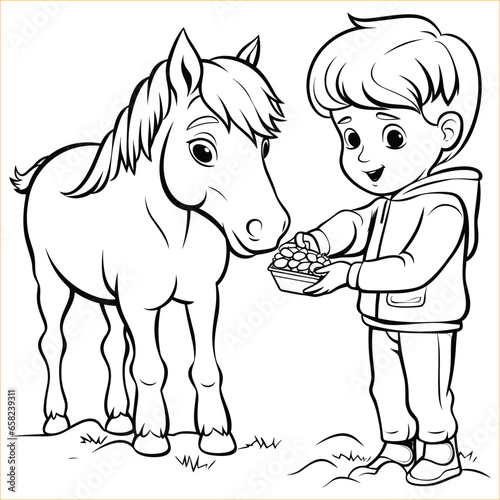 Little boy feeding a cute small pony coloring book pages for kids