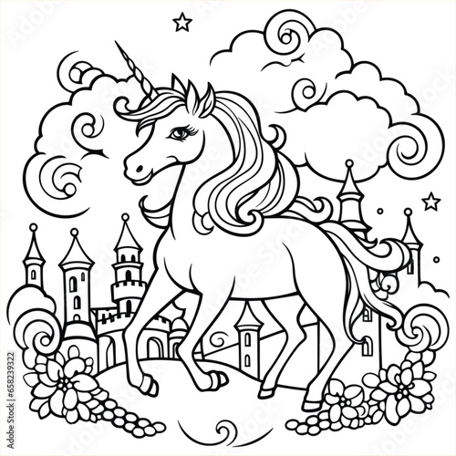 Pegasus with rainbow and stars coloring book page for kids, Coloring pages vector