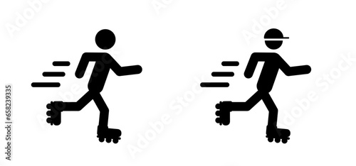 Cartoon riding or rolling skate on street or park icon. Roller skates and acts of skating shoes and helmet. Sport or recreation Symbol. Roller skater silhouette logo. Athletes of skates concept.