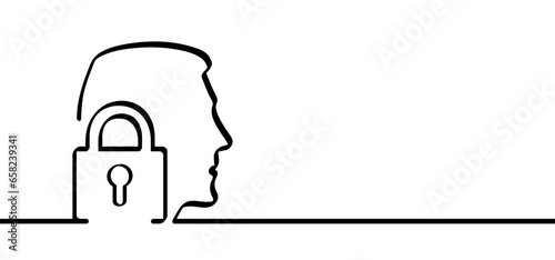 Cartoon face key profile icon. Unlock, open or close lock system. Access granted. Head profile speak, communication pictogram. Assistance vector icon. Psychology therapy concept. Password protection