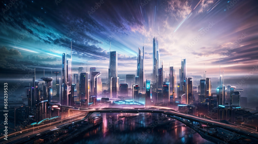 Futuristic city with high skyscrapers and high-rise buildings