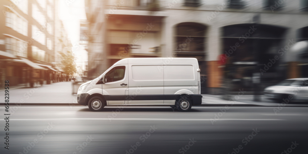 delivery truck driving in fast motion in urban city concept of shipping truck express shipment business background banner with copy space - obrazy, fototapety, plakaty 
