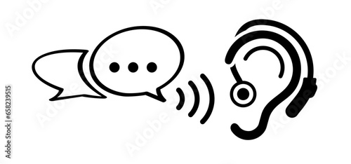 Hard hearing aid for the deaf editable. Active listening. Listen to each other or others or sounds. Hearing, ear icon. Earbuds icon. Ear plugs. Plug for the medical problem. Hearing amplifier icon. 