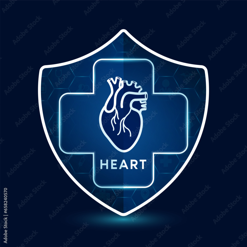 Heart icon inside shield with medical sign symbol cross futuristic. Medical health care innovation immunity protection. On dark blue background. Human lungs organ simple flat outline vector. Heart icon inside shield with medical sign symbol cross futuristic. Medical health care innovation immunity protection. On dark blue background. Human lungs organ simple flat outline vector.