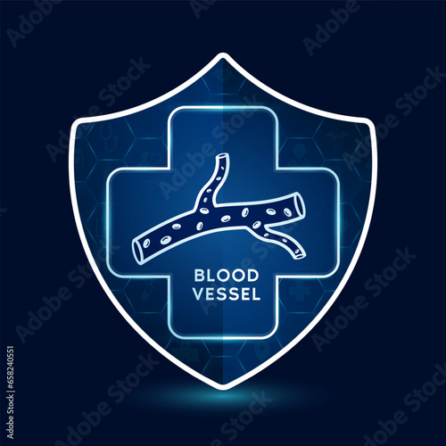 Blood vessel icon inside shield with medical sign symbol cross futuristic. Medical health care innovation immunity protection. On dark blue background. Human lungs organ simple flat outline vector.
