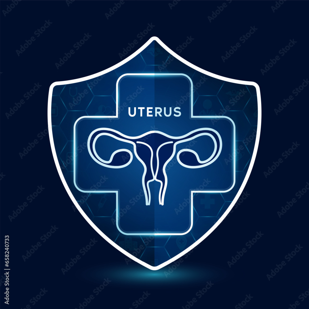 Uterus icon inside shield with medical sign symbol cross futuristic. Medical health care innovation immunity protection. On dark blue background. Human lungs organ simple flat outline vector. Uterus icon inside shield with medical sign symbol cross futuristic. Medical health care innovation immunity protection. On dark blue background. Human lungs organ simple flat outline vector.