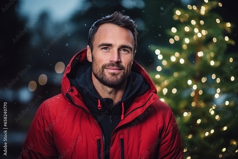 Portrait of a handsome man in a red jacket against a background of a Christmas tree. Portrait of a handsome man in a red jacket against a background of a Christmas tree.