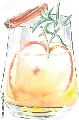 Glass of alcoholic drink with apple and cinnamon stick