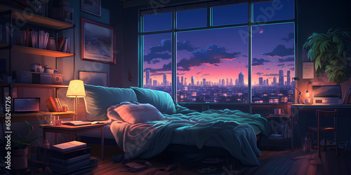 Lofi cozy bedroom apartment with city scrapes view from window night ambience photo