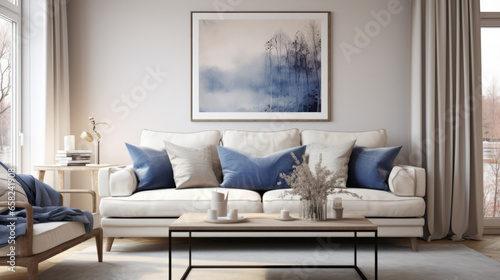 Stylish and Scandinavian living room interior of modern apartment with sofa. © Ruslan Gilmanshin