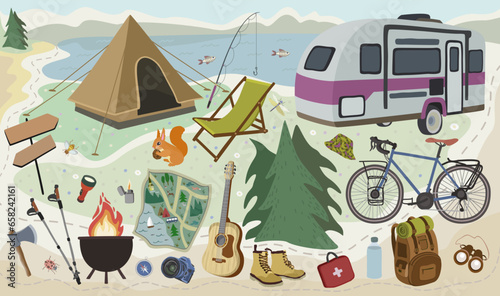 Outing equipment. Summer vacation items. Tourism concept. Hiking and camping collection.