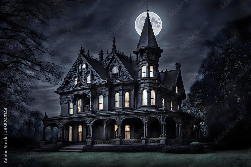 Halloween illustration of a creepy house with a full moon