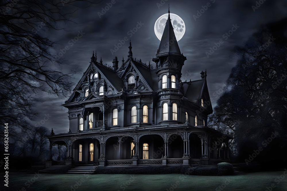 Halloween illustration of a creepy house with a full moon Halloween illustration of a creepy house with a full moon