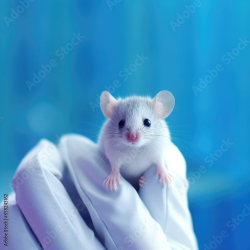 Hand of scientist holding a small mouse for experiment in laboratory.Concept